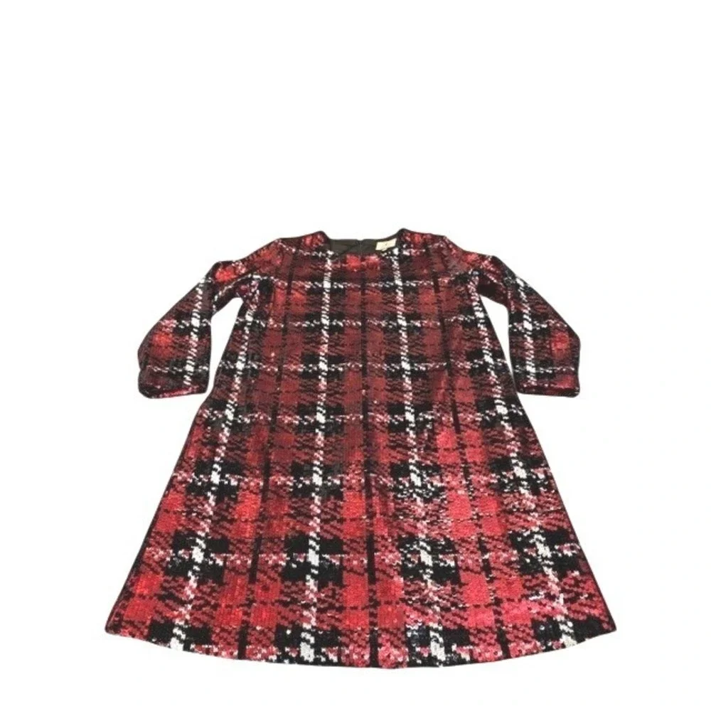 Tuckernuck Womens Medium Red Sequin Tartan Plaid Shift Dress 3/4 Sleeve Mini - Picture 4 of 9